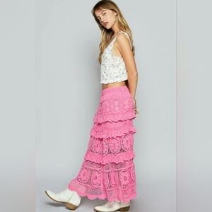 POL Pink Tiered Crochet Maxi Skirt